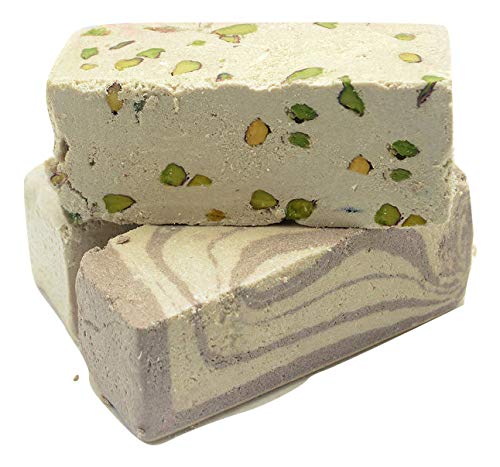 Mughe Gourmet Halvah Assortment 1.88lb (850g) Tin Gift Box - 3 Delicious Vegan Marble Tahini Halvah Bars Pistachio, Cocoa, Vanil