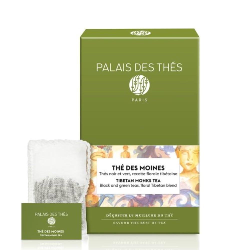 Palais des Thés - Tibetan Monks - Black & Green Tea Floral Blend - enhanced Tea Bags, Serves 20 Cups