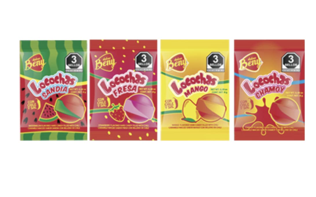 Beny Locochas Hard Sugar Candy With Chili Powder Center Mix Flavors 1Lb .093 Oz Bag 60 Pcs