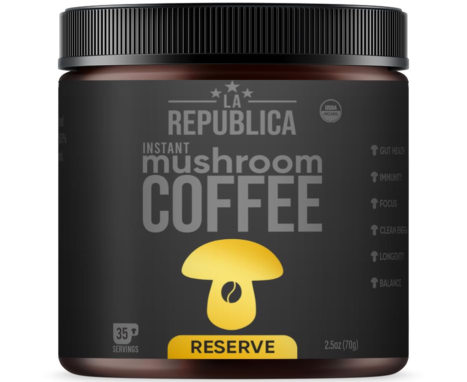 La Republica Founders Reserve Mushroom Coffee (Super-Top-Grade Coffee With 50% More Shrooms  Best Tasting Instant On The Planet Small Batch Full Fruiting Bodies Extract (35 Servings)