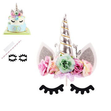 Nishine Rose Floral Unicorn Cake Topper Birthday Party Cake Decoration (Silver&Mint)