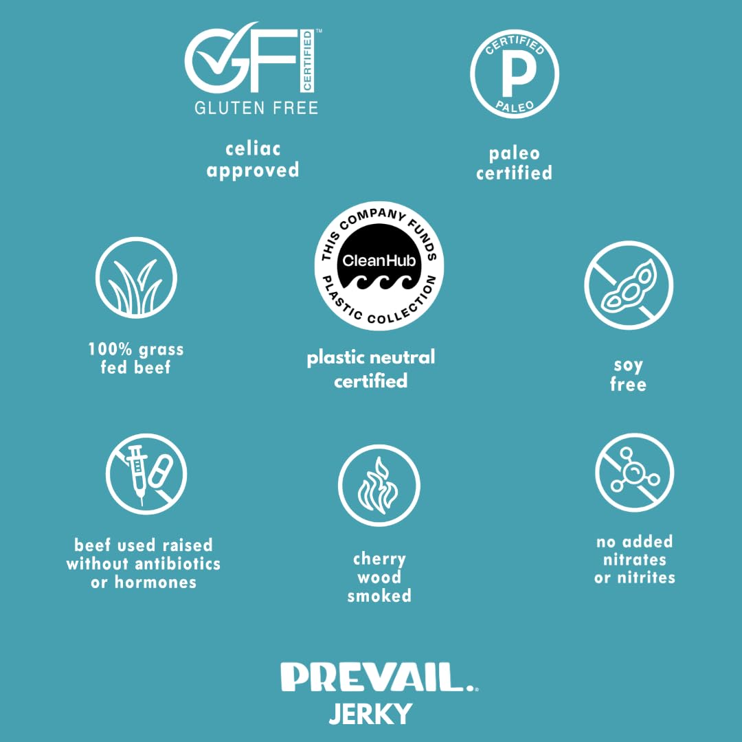 PREVAIL Grass Fed Beef Jerky Variety Pack - Low Sodium, Gluten Free, 4 Bags, 2.25 Ounce Each - Umami, Spicy, Lemongrass, Original