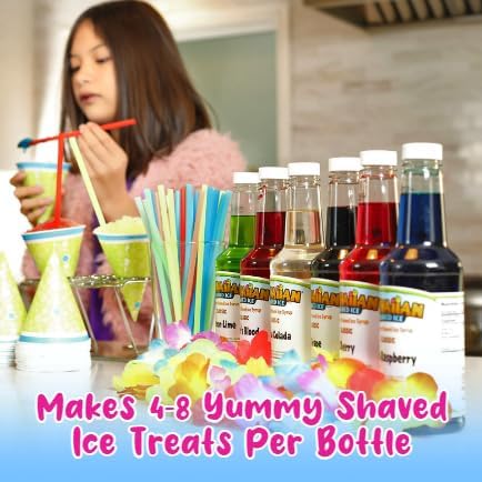 Hawaiian Shaved Ice Syrup Assortment, 6 Popular 16oz Flavors: Cherry, Grape, Blue Raspberry, Tiger s Blood, Lemon-Lime, Pina Co