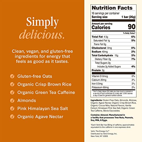 Verb Caffeinated Energy Bars Chocolate Chip Cookie Dough (26G, Pack Of 16) 110-Calorie Delicious Energy Bar, Gluten Free On-The Go Snack With 80Mg Green Tea Caffeine, Only Real-Food Ingredients
