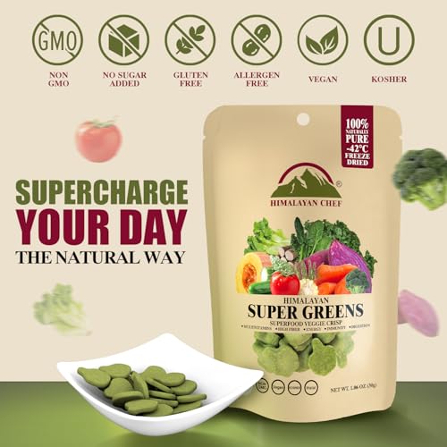 Himalayan Chef Super Greens Veggie Crisp 30G Each Freeze-Dried Superfood Snack 30+ Organic Green Veggie Mix Protein-Rich, Nutrie
