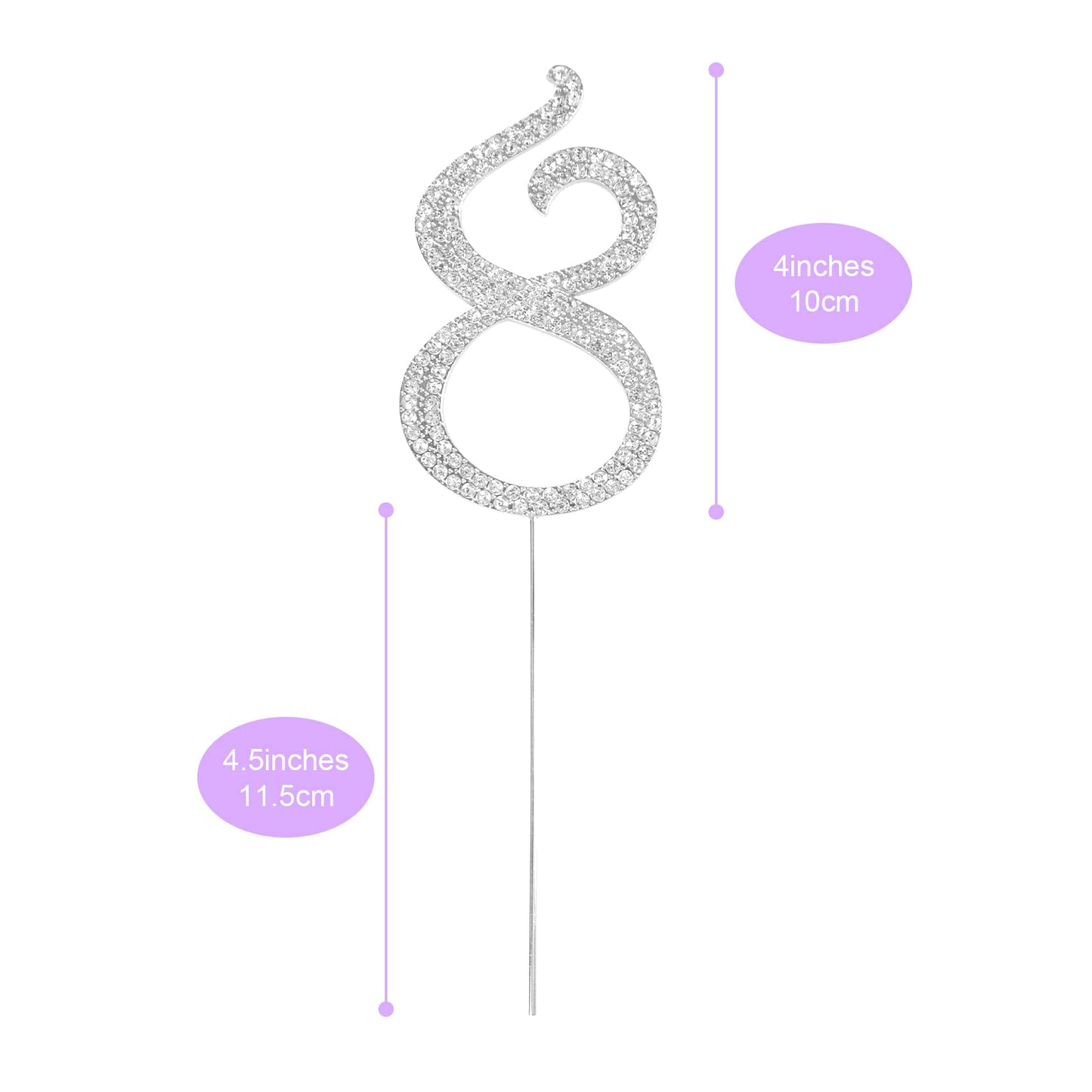 Number Cake Topper 8, Uniideco Silver Rhinestone Premium Metal Bling Bling Cake Decor, Sparkly Happy Birthday Wedding Anniversar