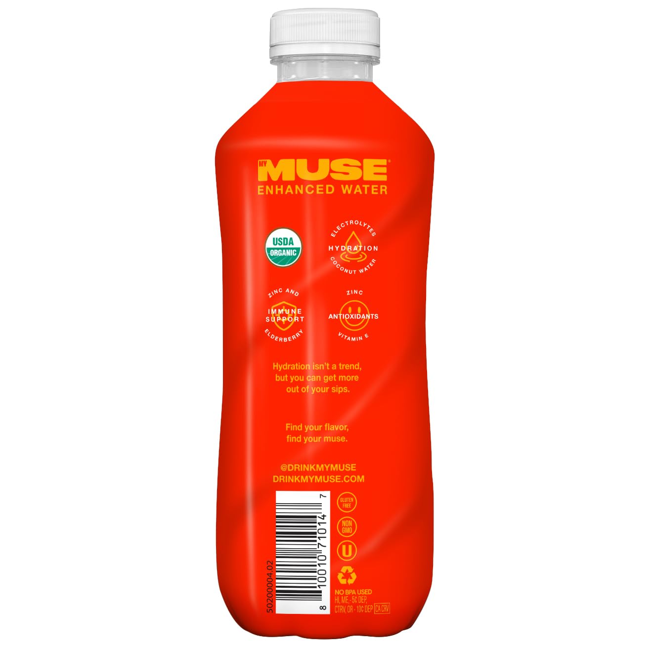 Mymuse Organic Enhanced Flavored Water, Blood Orange, 16.9 Fl Oz Bottle (12 Pack), 1G Of Sugar, Immune Support With Zinc & Elder