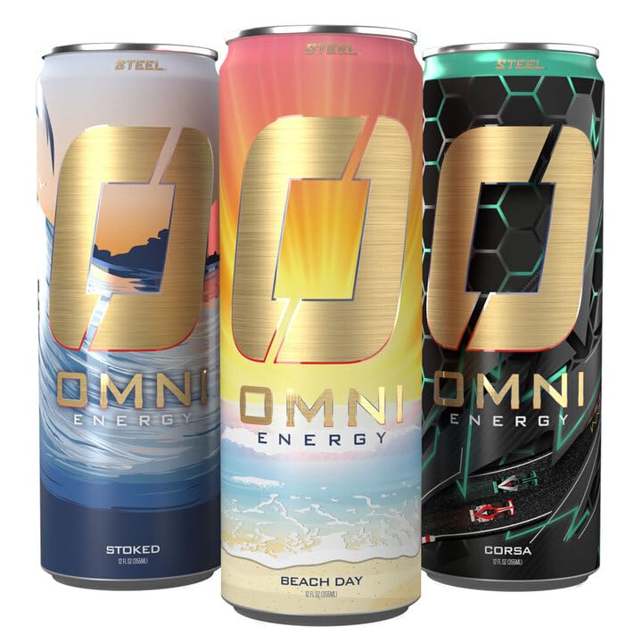 Steel Supplements OMNI Energy Drink Variety Pack of 3 | 200mg Caffeine, B Vitamins | Sugar-Free, Low Calorie, 12 Oz
