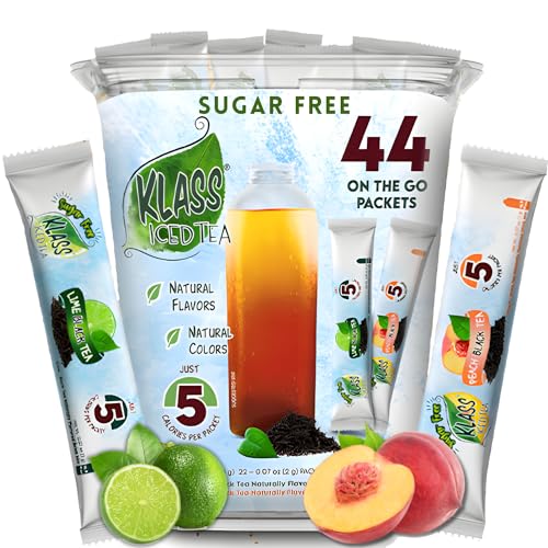 Klass Iced Tea Drink Mix - Sugar Free Variety Pack - Peach & Lime Black Tea On-The-Go! (44 Count Powder Stick Packs) 5 Calories Per Packet