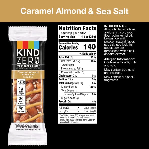 Kind Zero Added Sugar Bars, Keto Friendly Snacks, Caramel Almond And Sea Salt Flavored, 6.2Oz Box (5 Bars)