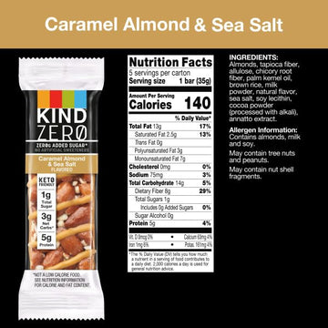 Kind Zero Added Sugar Bars, Keto Friendly Snacks, Caramel Almond And Sea Salt Flavored, 6.2Oz Box (5 Bars)