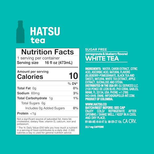 Hatsu Sugar-Free White Tea - Pomegranate & Blueberry, Low-Calorie Iced Tea, 16.9 fl oz Bottles, Pack of 12