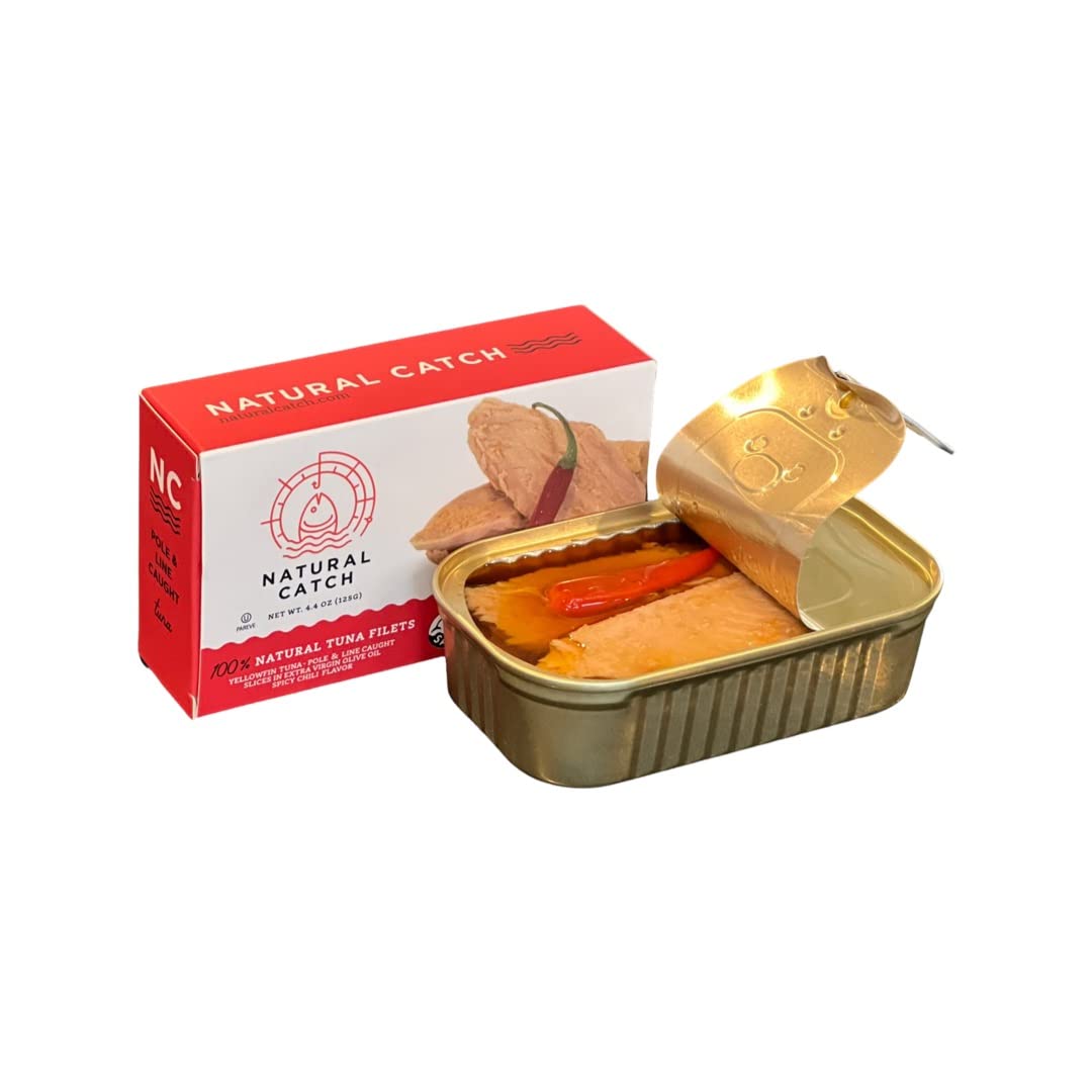 Natural Catch Tuna Spicy Yellowfin Filets, Hand Cut, Pole & Line Caught, 130 Calories Gluten-Free, Paleo, Keto Friendly, Enhanced Yellowfin Tuna In Extra Virgin Olive Oil And Spicy Chilis (4.4 Oz Per Can- Pack Of 12) (Yellowfin Spicy Tuna)