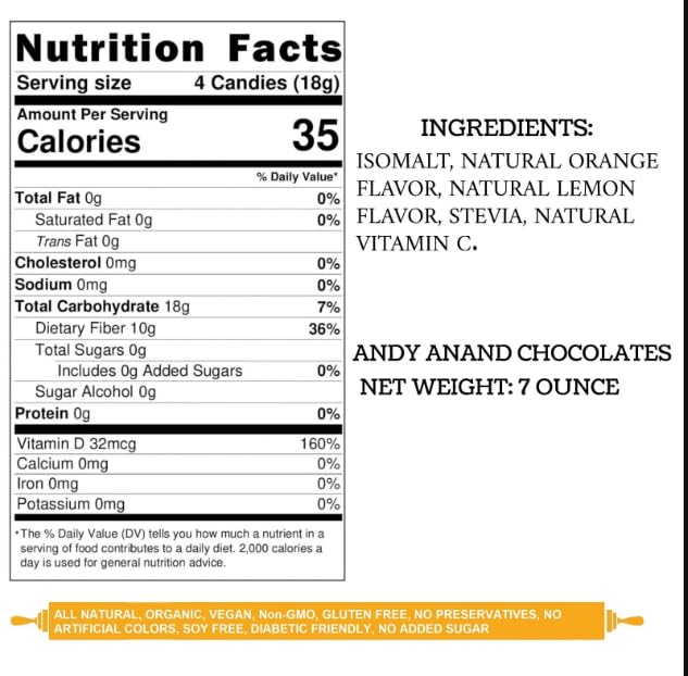 Andy Anand Chocolatier Sugar Free Hard Candy Orange & Lemon Mixed Flavored - Made in Italy Individually Wrapped Gluten Free Enha