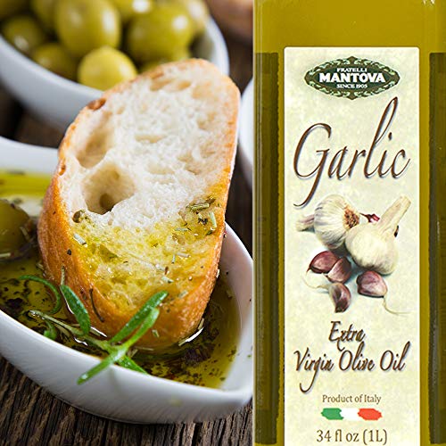 Mantova Garlic Extra Virgin Olive Oil (EVOO), Cold-Pressed, Imported from Italy. Topping for salad, vegetables, pasta salad. Per