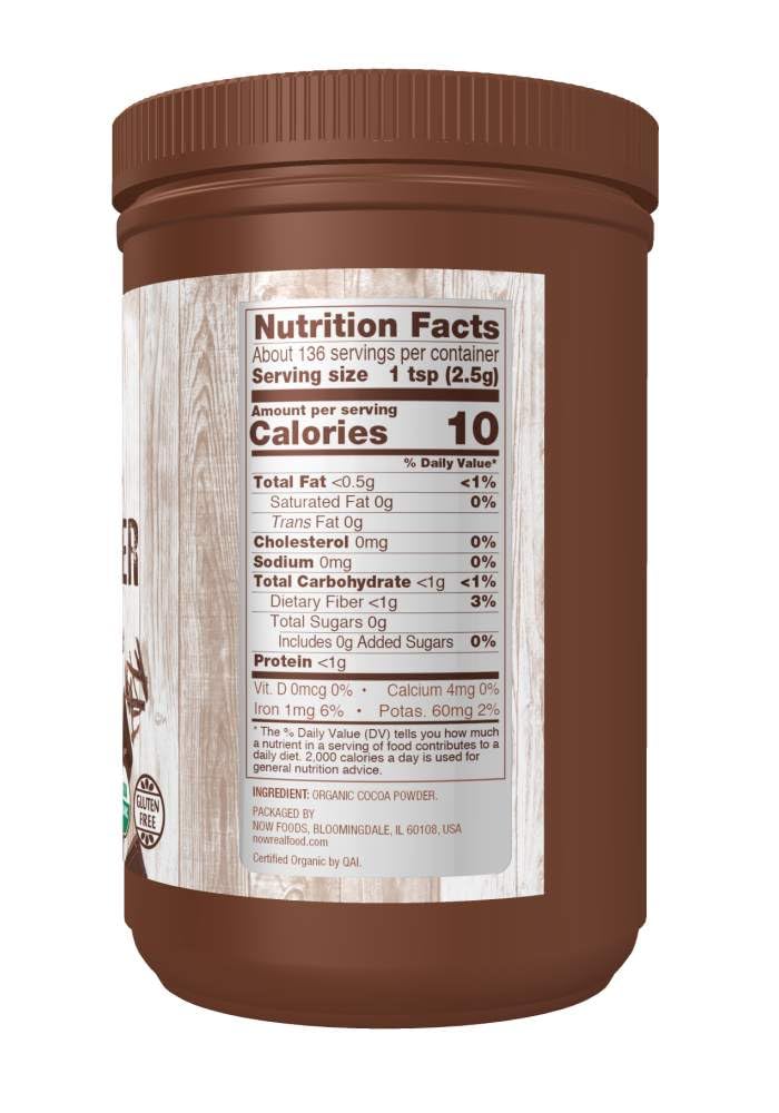 NOW Foods, Cocoa Powder, Cocoa Lovers Certified Organic, Pure, Non-Alkalized, with Polyphenols, 12-Ounce