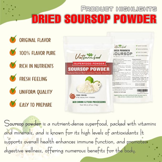 VIETFARMFOOD Soursop Powder 2.47 Oz (70g) - 100% Pure, Sugar-Free Freeze-Dried Extract for Smoothies, Cocktails, and Baking.
