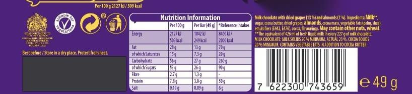 Cadbury Dairy Milk Fruit & Nut Chocolate Bar Single 49G Bar (Pack Of 48)