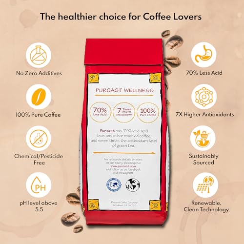 Puroast Low Acid Coffee , Whole Bean , Decaf House Blend , Medium Roast , Certified Low Acid Coffee , Ph 5.5+ , Gut Health , 2.2