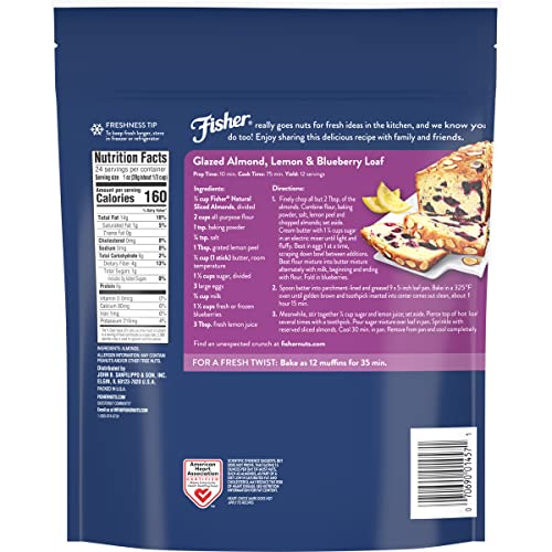 Fisher Chefs Naturals Unsalted Sliced Almonds 24Oz Resealable Bag, Raw Nuts Perfect For Cooking, Baking & Snacking, Healthy Snacks For Mature-Themeds, Vegan Protein, Keto Snack, Gluten Free
