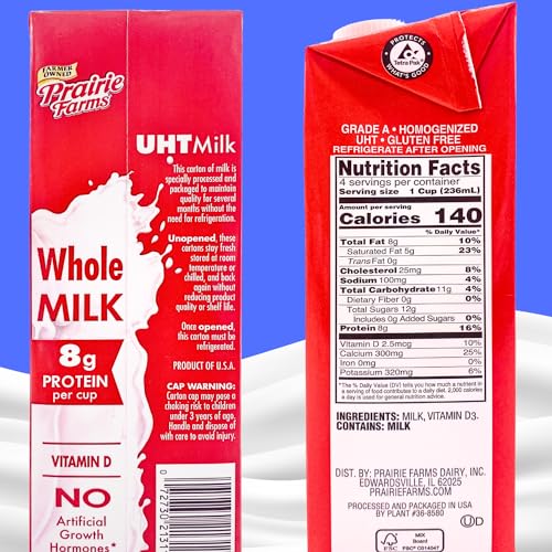 Prairie Farms Whole Milk, Shelf Stable, Boxed & Ultra Pasteurized (Uht), Vitamin D White Milk - Preservative And   Free, Gluten Free, Kosher, Made In Usa - 1 Quart (4 Pack)
