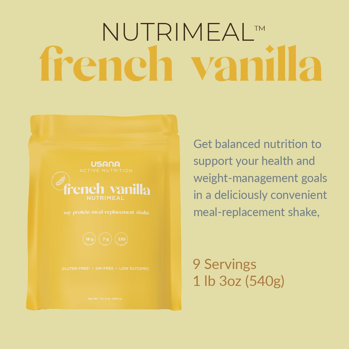 USANA Nutrimeal Meal Replacement Shake - French Vanilla - Gluten Free - 19 oz - Non-GMO - Low Glycemic - 9 Servings