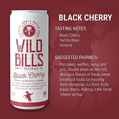 Wild Bills Black Cherry Soda - Craft Soda, Caffeine Free, Vegan, 12 Oz 4 Pack