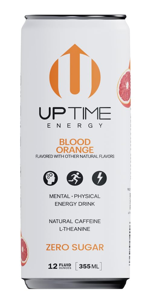 UPTIME Premium Energy Drink, Blood Orange, Zero Sugar, 12oz Bottles, 12 Pack, Natural Caffeine, Sparkling