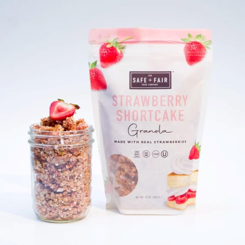 Safe + Fair Strawberry Shortcake Granola - Gluten-Free, Dairy Free and Vegan Breakfast, Snack or Dessert - Free From Top 9 Aller