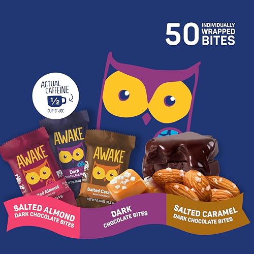 AWAKE - Caffeinated Chocolate Bites - Dark Chocolate Variety Pack (3 Flavors)  50 Bites - Dark  Salted Almond  & Salted Caramel - 50mg Caffeine - Coffee Alternative - Fairtrade  Gluten Free - 0.48oz
