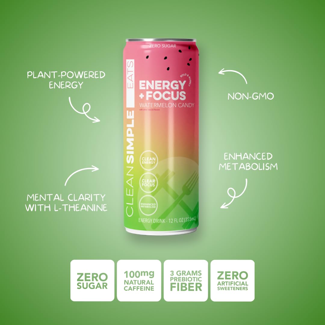 Clean Simple Eats Energy Drink, 100 Mg Organic Caffeine, Watermelon Candy Flavor, 12 Oz Cans, 12 Pack