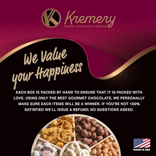 KREMERY Creamy Chocolate Cravings - Valentines Day Chocolate Covered Pretzels & Nuts Gift Basket, in Reusable Round Wooden Tray