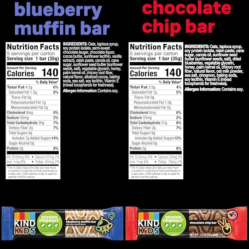 KIND Kids School Friendly Blueberry Muffin and Chocolate Chip Oat Bars Variety Pack  Tree Nut Free  Peanut Free  Gluten Free  Made With Whole Grain Oats  5g Protein  10 Count