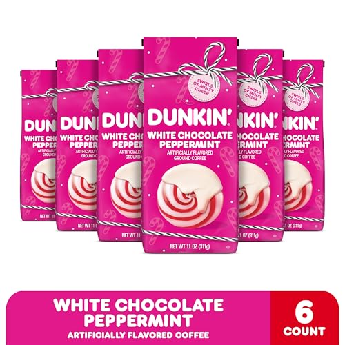 Dunkin White Chocolate Peppermint Artificially Flavored Ground Coffee, 11 oz. Bag, 6 Count
