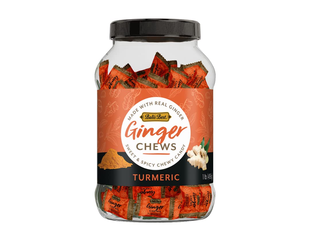 Bali'S Best Ginger Chews - Soothing Turmeric Flavor (1Lb Jar) 100% Real Ginger & Natural Flavors, Sweet Spicy Chewy Ginger Candi