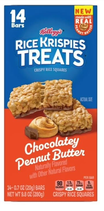 Kelloggs Rice Krispies Treats Chocolately Peanut Butter - Pack of 2, 14 Bars, Brown, 4x4x9 inches