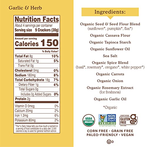 Simple Mills Organic Seed Crackers Garlic & Herb - Gluten Free Vegan Healthy Snacks Paleo Friendly 4.25 Ounce (Pack Of 1)