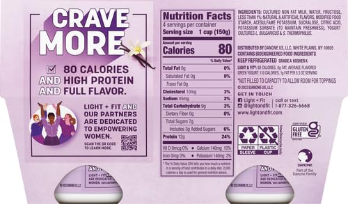 Dannon Light + Fit Greek Vanilla Fat Free Yogurt, Creamy and Delicious Gluten Free Yogurt, 4 Ct, 5.3 OZ Yogurt Cups