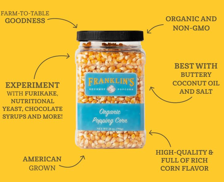 Franklins Gourmet Popcorn Organic Popcorn Kernels for Popping - 28oz Tub Pack of 2 - Made in USA, Non-GMO & All-Natural - Old Fa