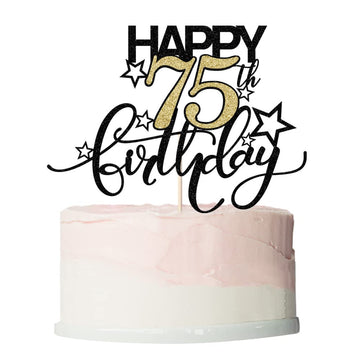Bekaterea Happy Birthday Cake Topper,Black Font Golden Numbers 75Th Birthday Cake Decoration,Hello 75, Cheers To 75Years/75Th An