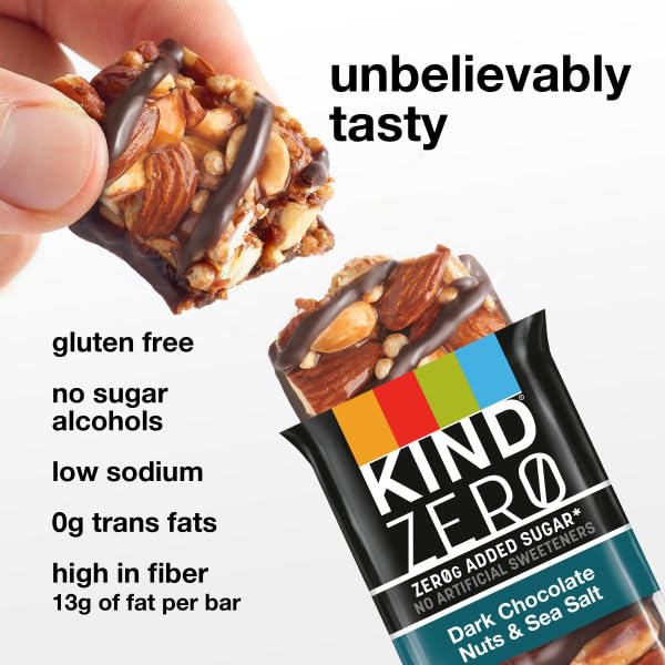KIND ZERO Added Sugar Bars  Keto Snack  Dark Chocolate Nuts and Sea Salt  Good Source of Fiber  Gluten Free  Low Sugar  6g Protein  10 Count