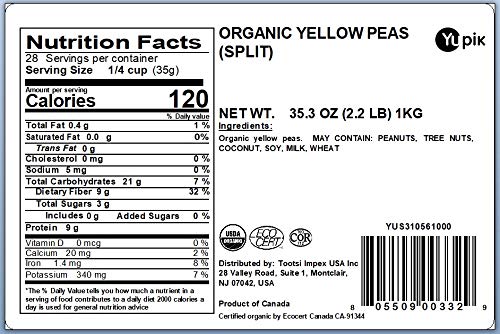 Yupik Peas, Organic Split Yellow, 2.2 lb (Pack of 6)