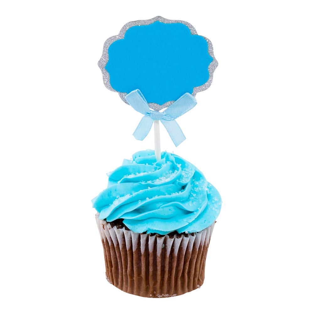 Restaurantware Top Cake 4.5 X 2.5 Inch Cake Toppers 10 Diy Cake Topper Inserts - Sturdy With Glitter Rim Blue And Silver Paper Cake Decoration Birthday Baby Shower Wedding Supplies