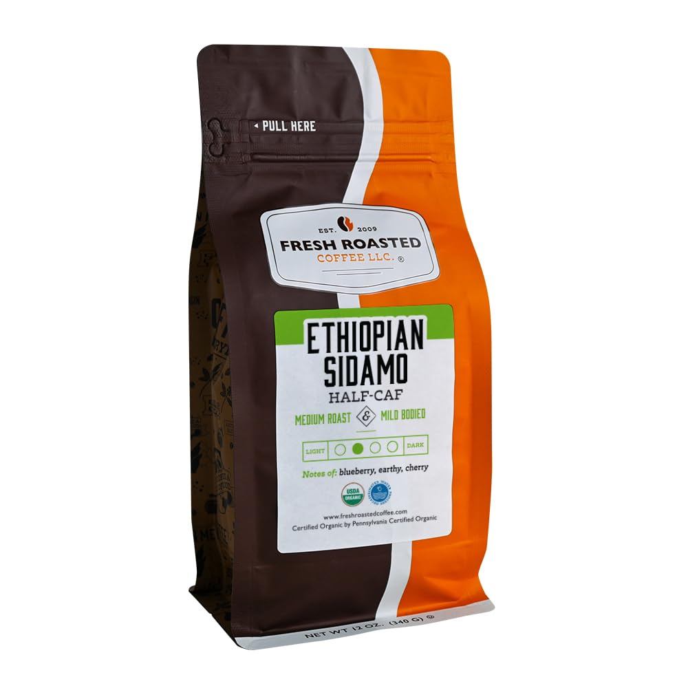 Fresh Roasted Coffee Organic Ethiopian Sidamo Half-Caf, Medium Roast, 12 oz Whole Bean, USDA Organic, Kosher