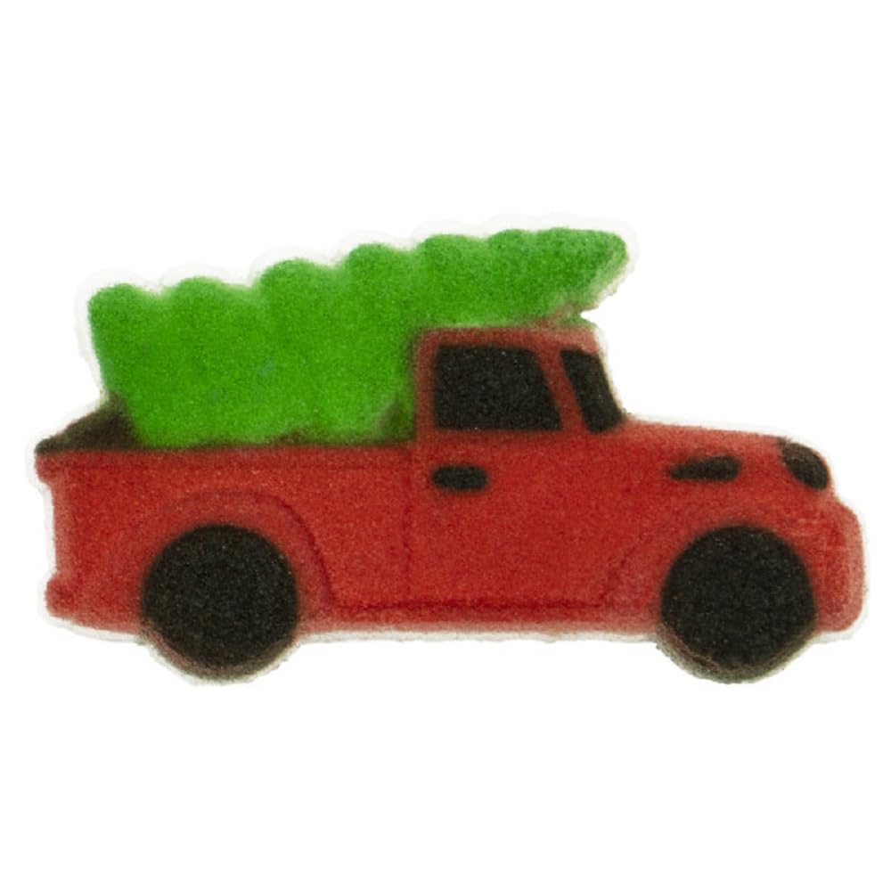 Red Truck hauling a Christmas Tree Edible Sugar Cake Toppers, 12 Count