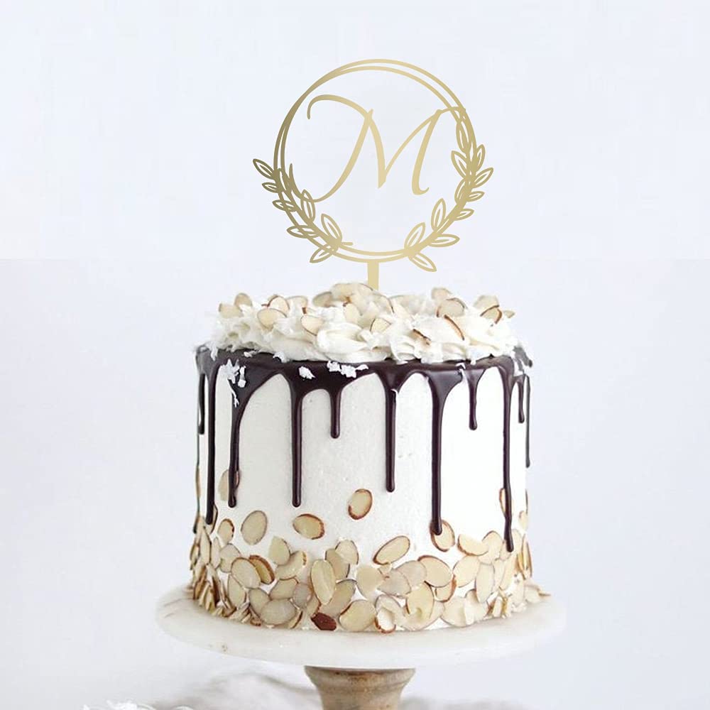 Vinisong Wooden Cake Topper, Personalized Initial Letter M, Golden Wreath Decoration for Birthdays and Weddings, Model JHN20092901