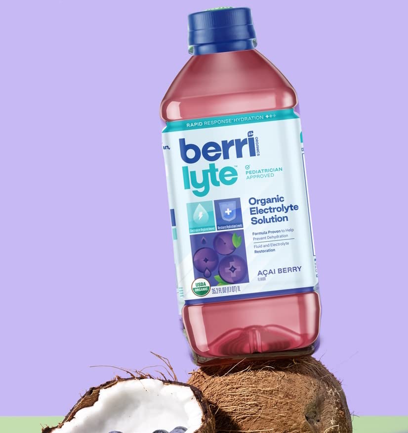 Berri Lyte Plant Based Organic Electrolyte Solution - Pediatric Rehydration Drink - Low Sugar Acai Berry Flavor, 1 L, 2 Ct