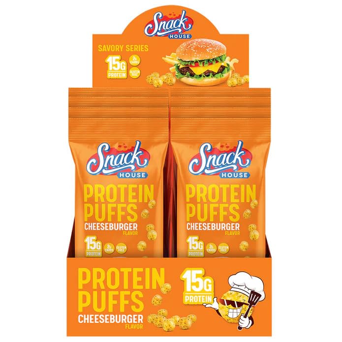 Snack House High Protein Puffs, Low Carb, 15g Protein, 1g Sugar, 0.78 Ounce, Legendary Cheese Burger Flavor, 8 Pack