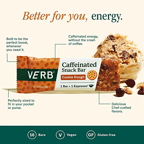 Verb Caffeinated Energy Bars Chocolate Chip Cookie Dough (26G, Pack Of 16) 110-Calorie Delicious Energy Bar, Gluten Free On-The Go Snack With 80Mg Green Tea Caffeine, Only Real-Food Ingredients