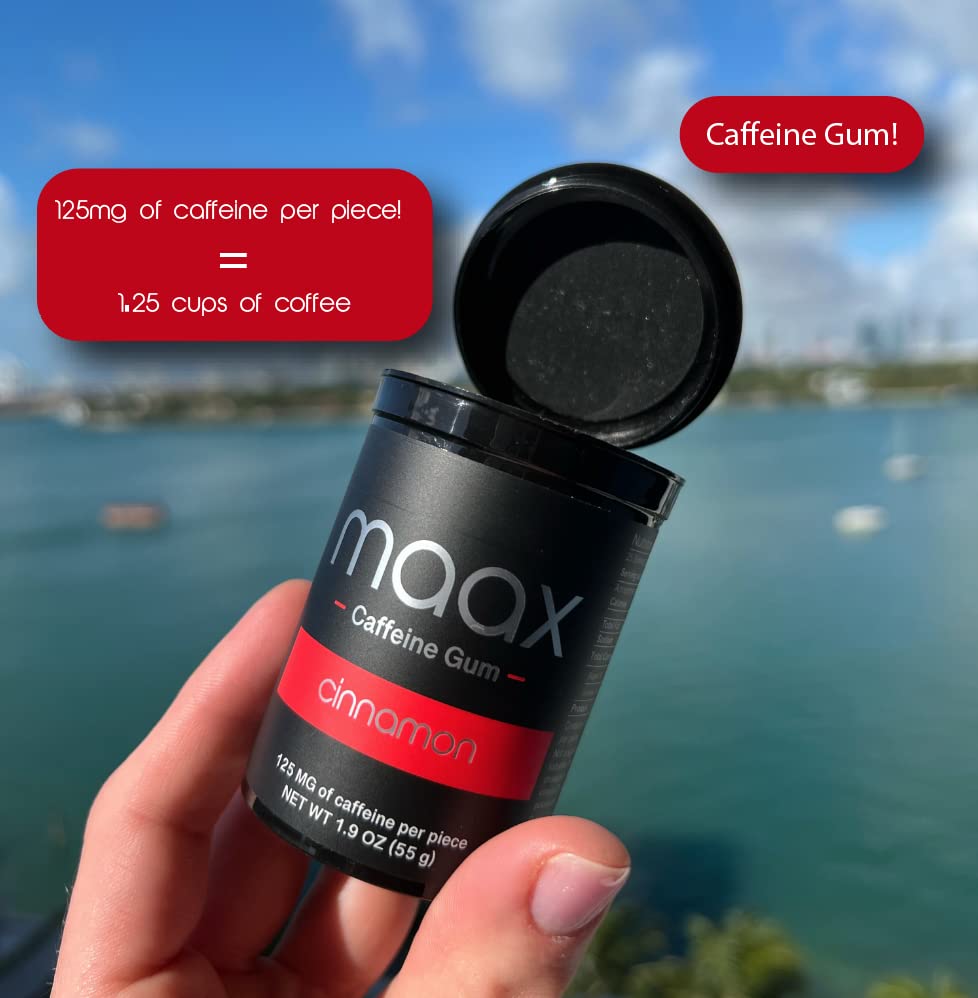 Maax Caffeine Energy Gum - Focus Gum with 125mg Caffeine - 25 Pieces - Cinnamon - 1.9 Ounce